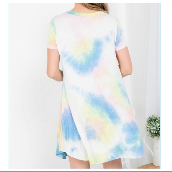 BOHO Pink Blue Tie Dye Riund Neckline Shirt Dress - Picture 3 of 4